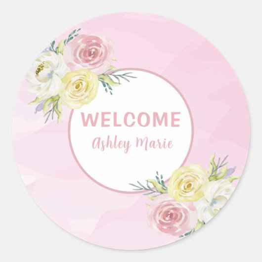Aanpasbare Roze Waterverf Bloemen Welkom Baby Ronde Sticker (Voorkant)