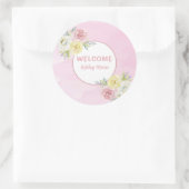 Aanpasbare Roze Waterverf Bloemen Welkom Baby Ronde Sticker (Tas)