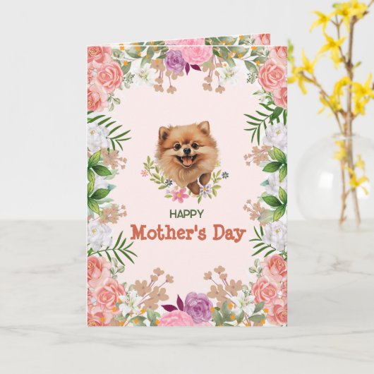 Aanpasbare Schattige Pomeranian Moederdag Kaart (Gele Bloem)