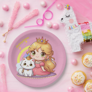 Aanpasbare Schattige prinses met Witte Kat Papieren Bordje