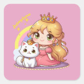 Aanpasbare Schattige prinses met Witte Kat Vierkante Sticker (Voorkant)