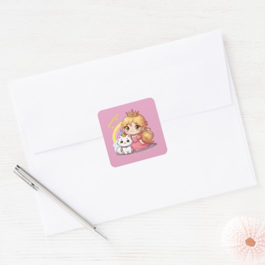 Aanpasbare Schattige prinses met Witte Kat Vierkante Sticker (Envelop)