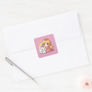 Aanpasbare Schattige prinses met Witte Kat Vierkante Sticker