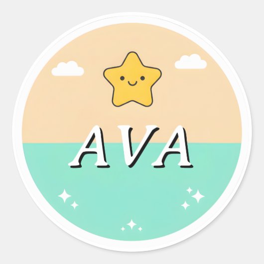 Aanpasbare sticker met kindernaam – Lachende ster (Voorkant)