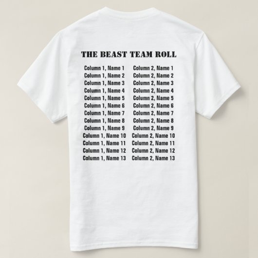 Aanpasbare teamlogo en ledenlijst t-shirt (Design achterkant)