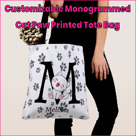 Aanpasbare Tote Bag met Katpootafdruk en Monogram