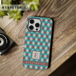 Aanpasbare Turkoois Blauw Groen Grijs Bruin Argyle iPhone 15 Pro Max Case