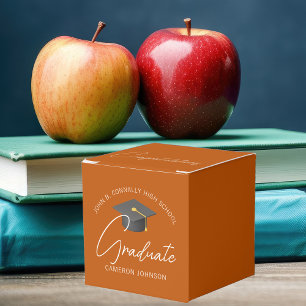 Aanpasbare verbrande oranje vierkante afstudeerfee bedankdoosjes