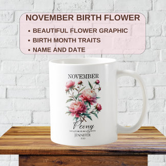 Aanpasbare verjaardag november pioenroos bloem koffiemok