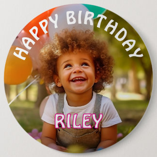 Aanpasbare verjaardagsbutton met foto en naam ronde button 6,0 cm