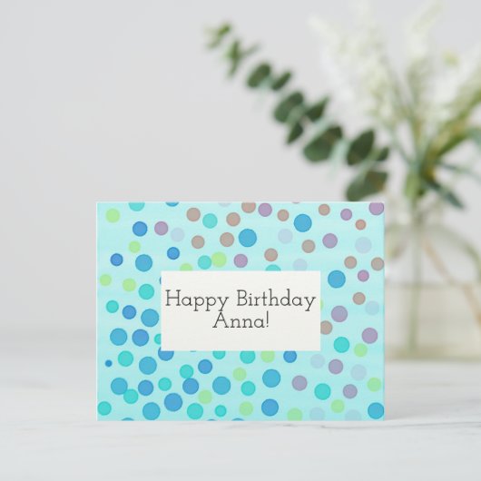 Aanpasbare verjaardagskaart confetti op blauw briefkaart (Staand voorkant)