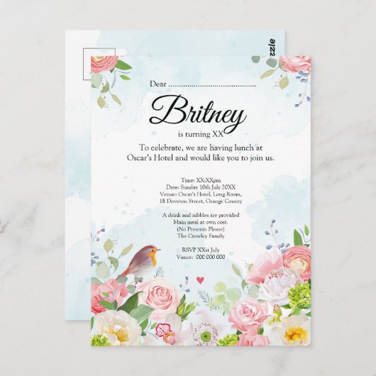 Aanpasbare verjaardagsuitnodiging voor vrouwen – B Briefkaart (Voorkant / Achterkant)