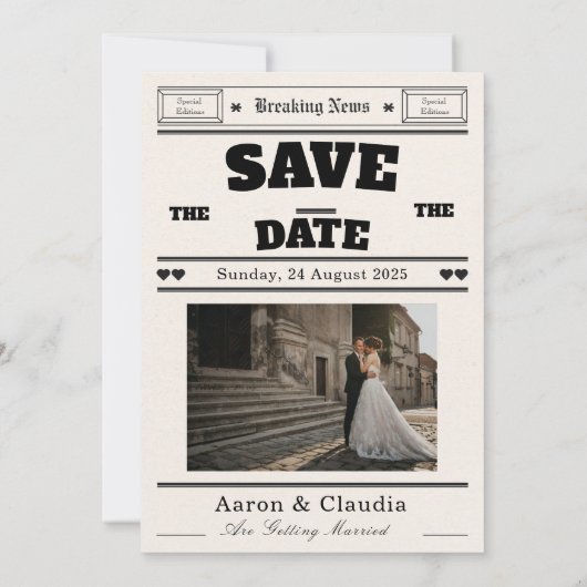 Aanpasbare Vintage Krant Save the Date Kaart (Achterkant)