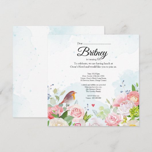 Aanpasbare Vrouw verjaardagsuitnodiging – Bewerkba (Voorkant / Achterkant)