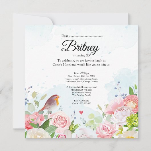 Aanpasbare Vrouw verjaardagsuitnodiging – Bewerkba (Voorkant)