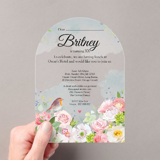 Aanpasbare Vrouw verjaardagsuitnodiging – Clear Acryl Uitnodigingen (Insitu (Draagbaar))