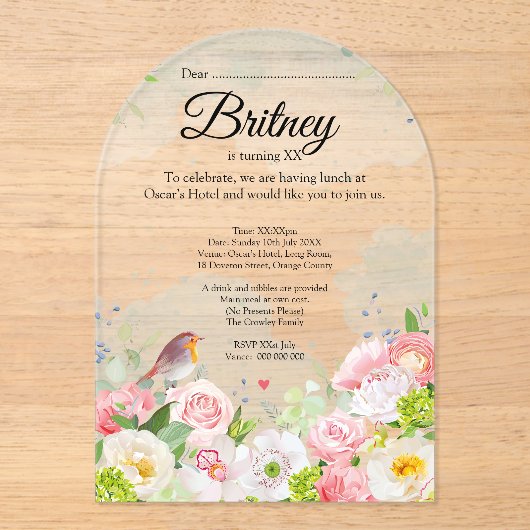 Aanpasbare Vrouw verjaardagsuitnodiging – Clear Acryl Uitnodigingen (Voorkant)