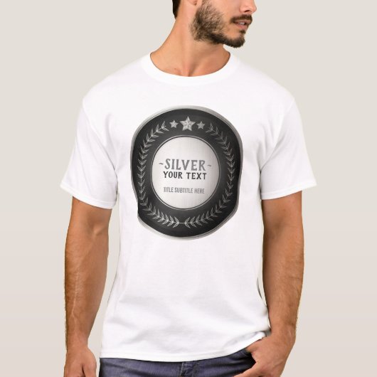 AANPASBARE ZILVEREN KAMPIOEN MEDAILLE MET EIGEN OP T-SHIRT (Voorkant)