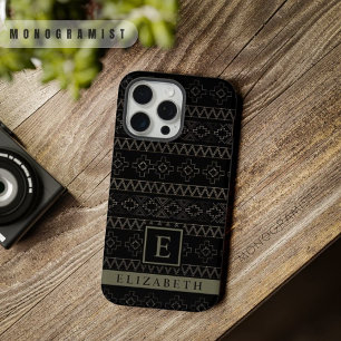Aanpasbare Zwart Wit Zilver Goud Grijs Azteek iPhone 15 Pro Max Case