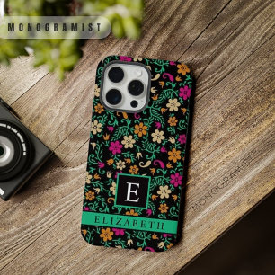 Aanpasbare Zwarte Bloemige Roze Groene Bloemen iPhone 15 Pro Max Case