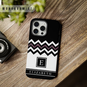 Aanpasbare Zwarte Witte Paarse Glitter Chevron iPhone 15 Pro Max Case