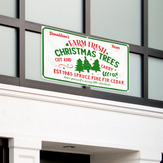 Aanpassen Boerderij Fresh Christmas Trees te koop Spandoek (Buitenkant Gebouw)