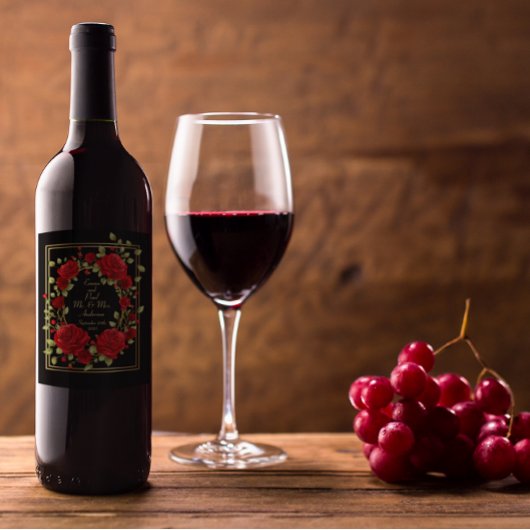 Aanpassen Elegant Red Roses Gold Framed Black Wijn Etiket