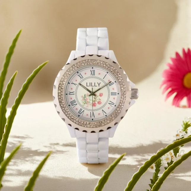 Aanpassen Elegant Roze Waterverf Bloemen Stijlvol Horloge (Creator heeft geüpload)