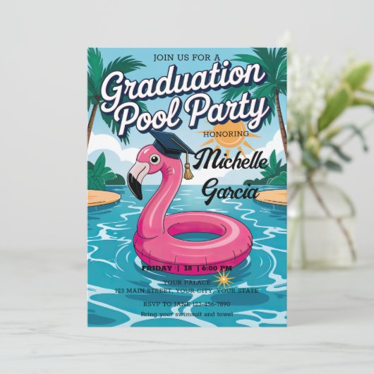 Aanpassen Funny Flamingo Graduation Cap Pool Party Kaart (Staand voorkant)