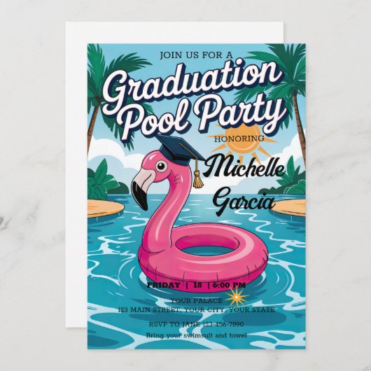 Aanpassen Funny Flamingo Graduation Cap Pool Party Kaart (Voorkant / Achterkant)
