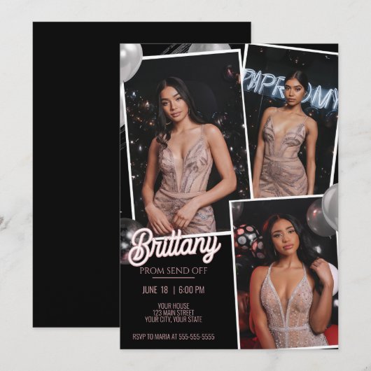 Aanpassen Roze Zwart Prom Verstuur drie foto's Kaart (Voorkant / Achterkant)