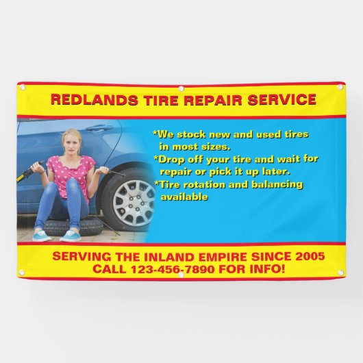 Aanpassen Tyre Repair Shop Foto Gedetailleerd Teks Spandoek (Horizontaal)