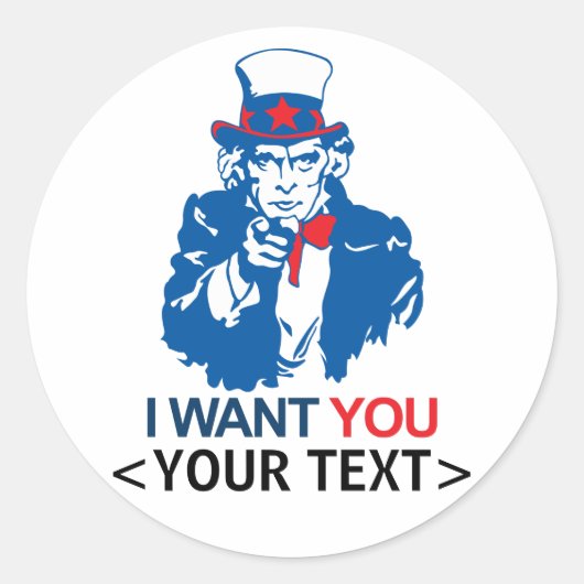 AANPASSEN UNCLE SAM WILT U,<YOUR TEXT> RONDE STICKER (Voorkant)