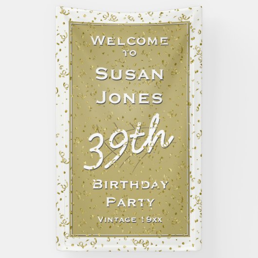 Aanpassen van de verjaardag - Wit/Goud over de heu Spandoek (Verticaal)