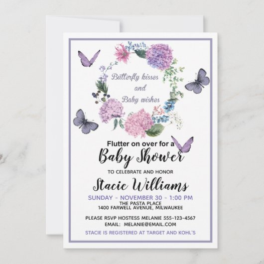 Aanpassing Butterfly Kisses Baby shower Invitation Kaart (Voorkant)