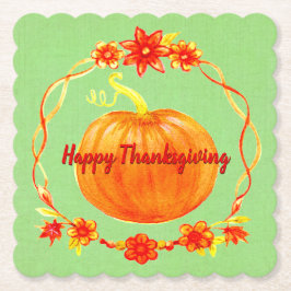 Aanpassing Thanksgiving Waterverf pompoen op groen Kartonnen Onderzetters