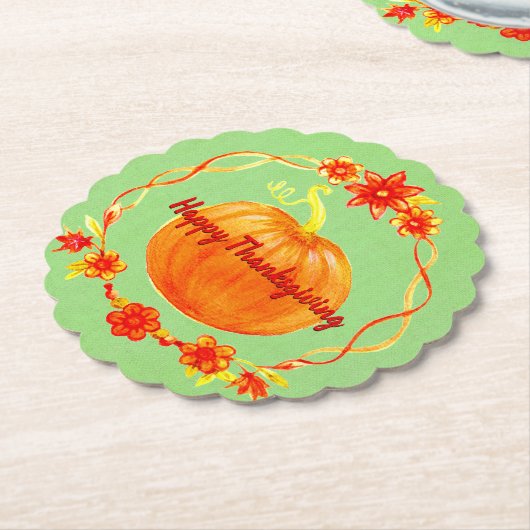 Aanpassing Thanksgiving Waterverf pompoen op groen Kartonnen Onderzetters (Gekanteld)