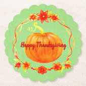 Aanpassing Thanksgiving Waterverf pompoen op groen Kartonnen Onderzetters (Voorkant)