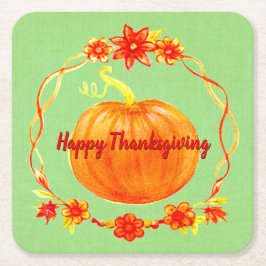 Aanpassing Thanksgiving Waterverf pompoen op groen Kartonnen Onderzetters