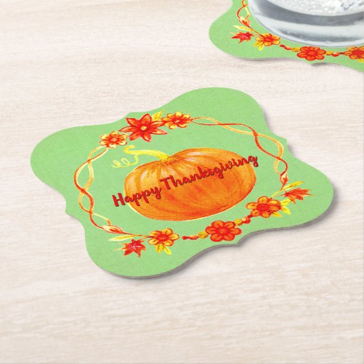 Aanpassing Thanksgiving Waterverf pompoen op groen Kartonnen Onderzetters (Gekanteld)