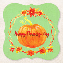 Aanpassing Thanksgiving Waterverf pompoen op groen Kartonnen Onderzetters