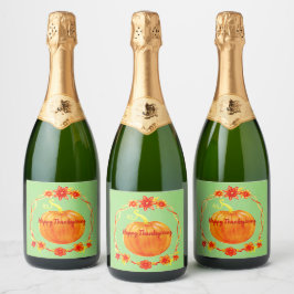Aanpassing Thanksgiving Waterverf pompoen op groen Sparkling Wijnetiket