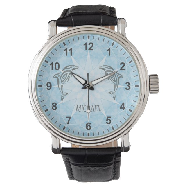 Aanpassingsnummers Dolphin Blue White Star Horloge (Voorkant)