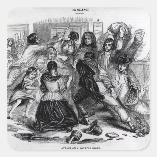 Aanslag op een aardappelwinkel in Ierland, c.1845 Vierkante Sticker (Voorkant)