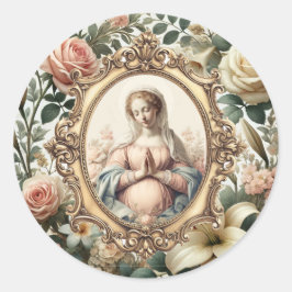 Aanstaande Maagd Maria met Bloemen  Lijst Ronde Sticker