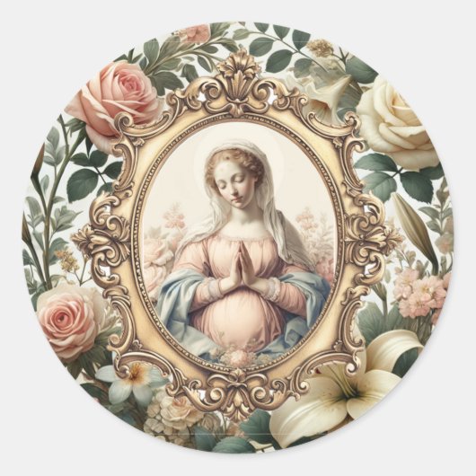Aanstaande Maagd Maria met Bloemen  Lijst Ronde Sticker (Voorkant)