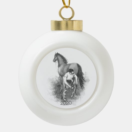 aanstekerpaard Shoeing Black White Art Keramische Bal Ornament (Voorkant)