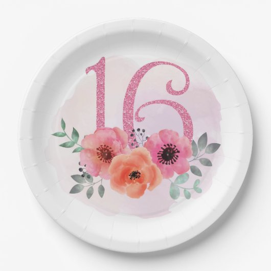 Aantal Zestien met Bloemen Papieren Bordje (Voorkant)