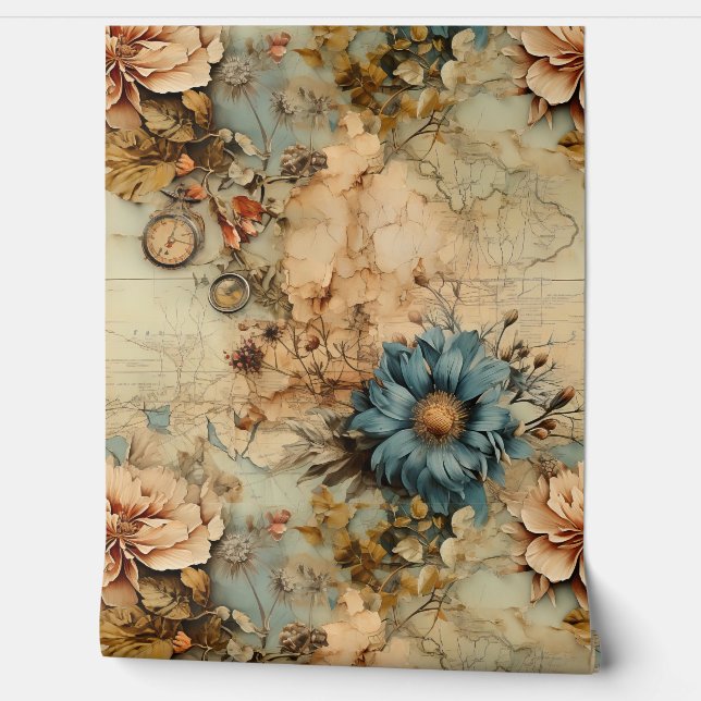 Aantrekkelijk artistiek  Bloemen en 3D kompas Behang (Afrollen)