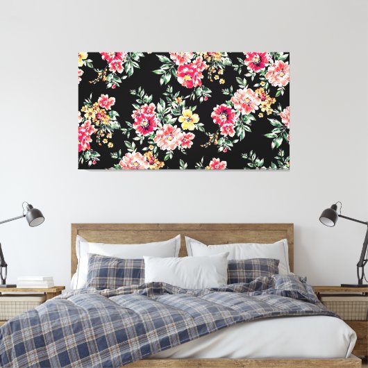 Aantrekkelijk bloemenpatroon op zwarte achtergrond canvas afdruk (Insitu (Slaapkamer))